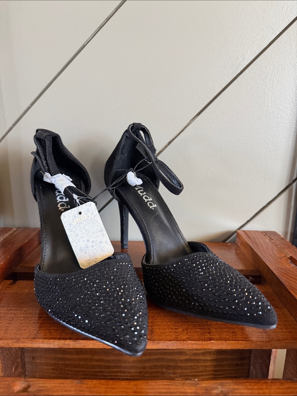 Mudd Black Pointed-Toe Rhinestone Ankle-Strap Heels